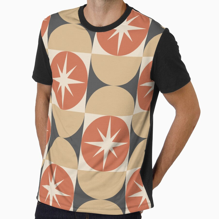 Mid Century Starbursts On Terracotta Circles With Tan Half Circles by Yasminepatterns