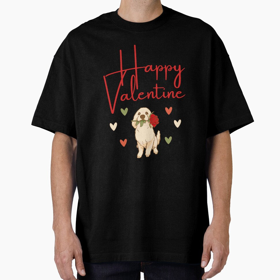 Happy Valentine - Cartoon Golden Retriever Dog with Roses Design by Raise2Shine Unisex , , , Long Sleeve Tee