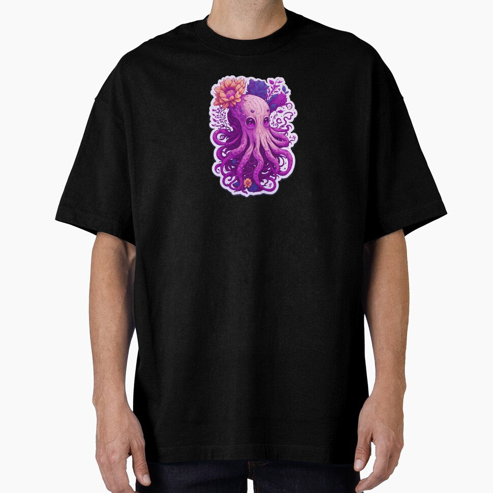 Magical Illustration Cute Pink Octopus Vibrant Colorful Psychedelic Pastel Flowers Sad Eyes by SassyArtistry