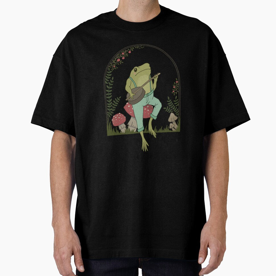 Cottagecore Aesthetic Frog Playing Banjo on Mushroom: Cute Vintage Goblincore Farmer Toad in Garden, Emo Grunge Fairycore by MinistryOfFrogs