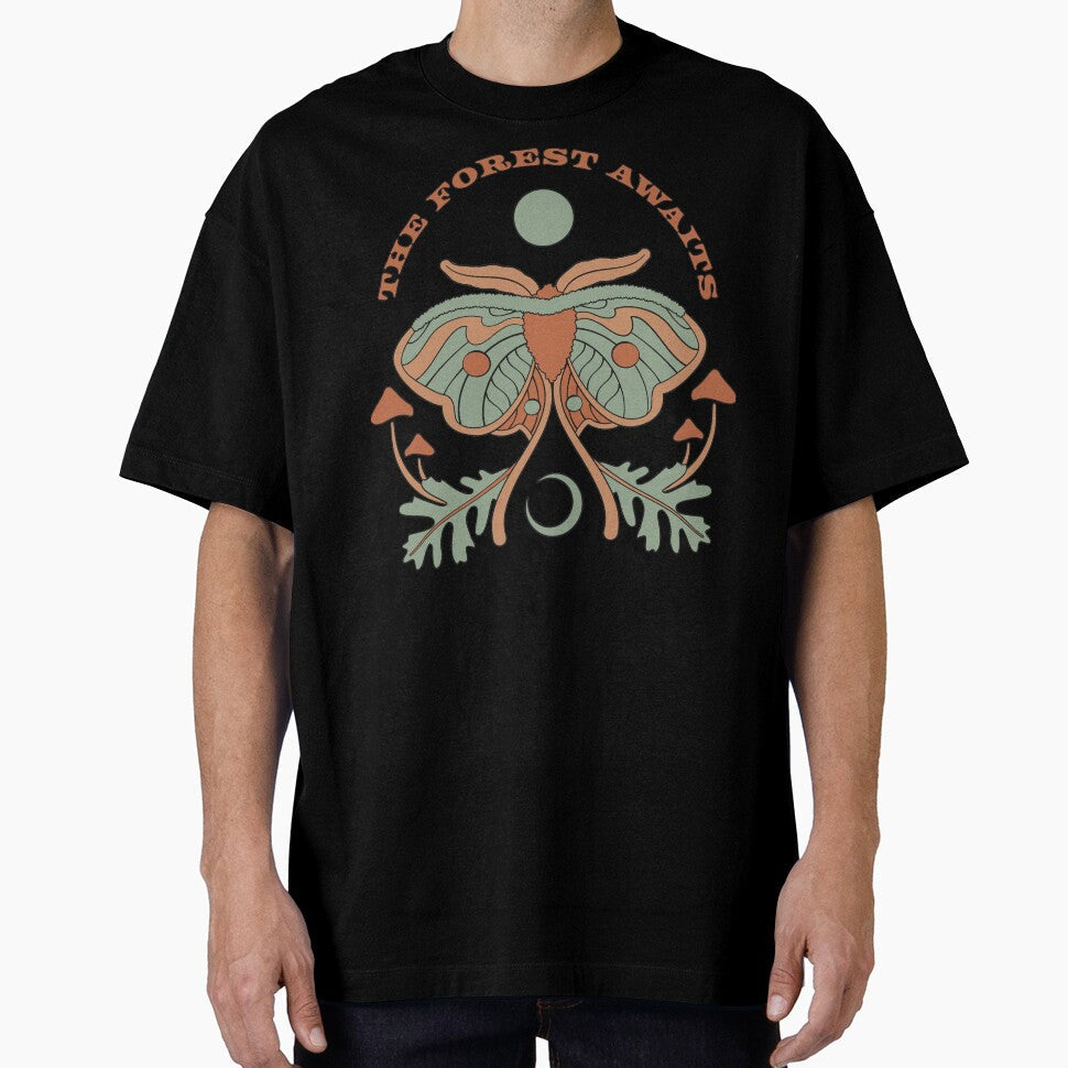 The Forest Awaits. Moth illustration with mushrooms, leaves and text by Blume-Corner Unisex , , , Long Sleeve Tee