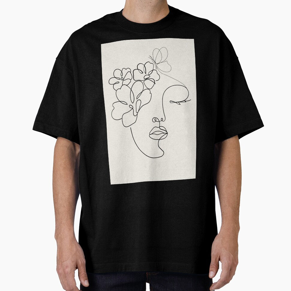 Minimalist Woman Face Line Art with Flowers - Abstract Floral Female Portrait by Mora  Lisa