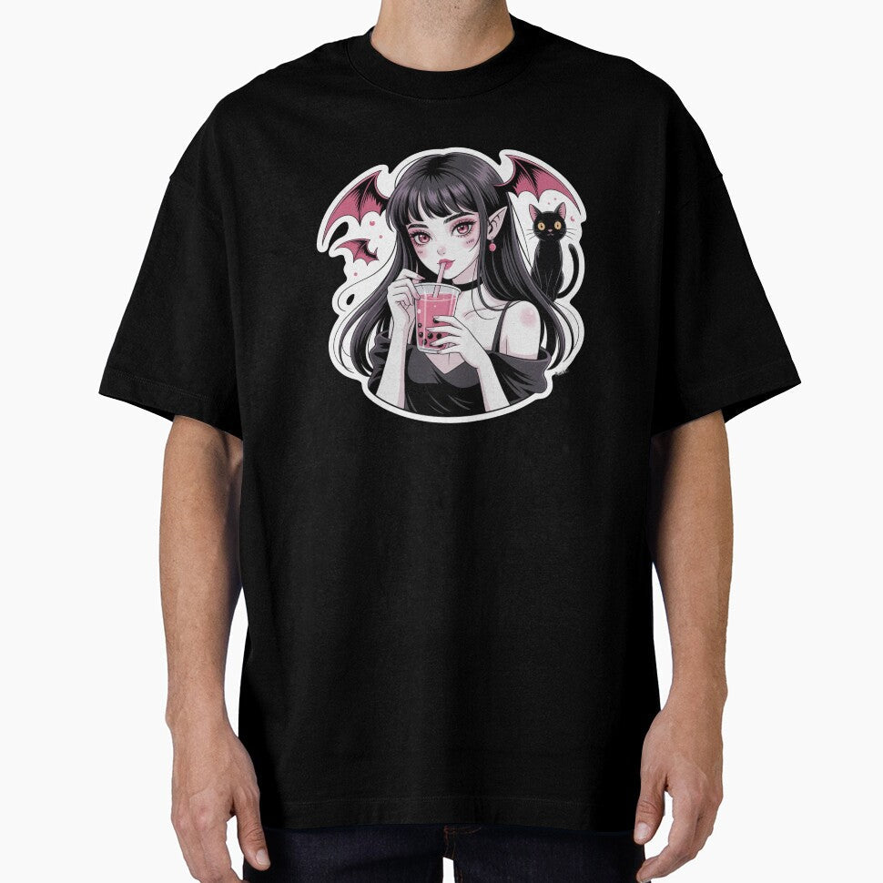 Demon Girl and Black Cat by NicolasGlowArt Unisex , , , Long Sleeve Tee