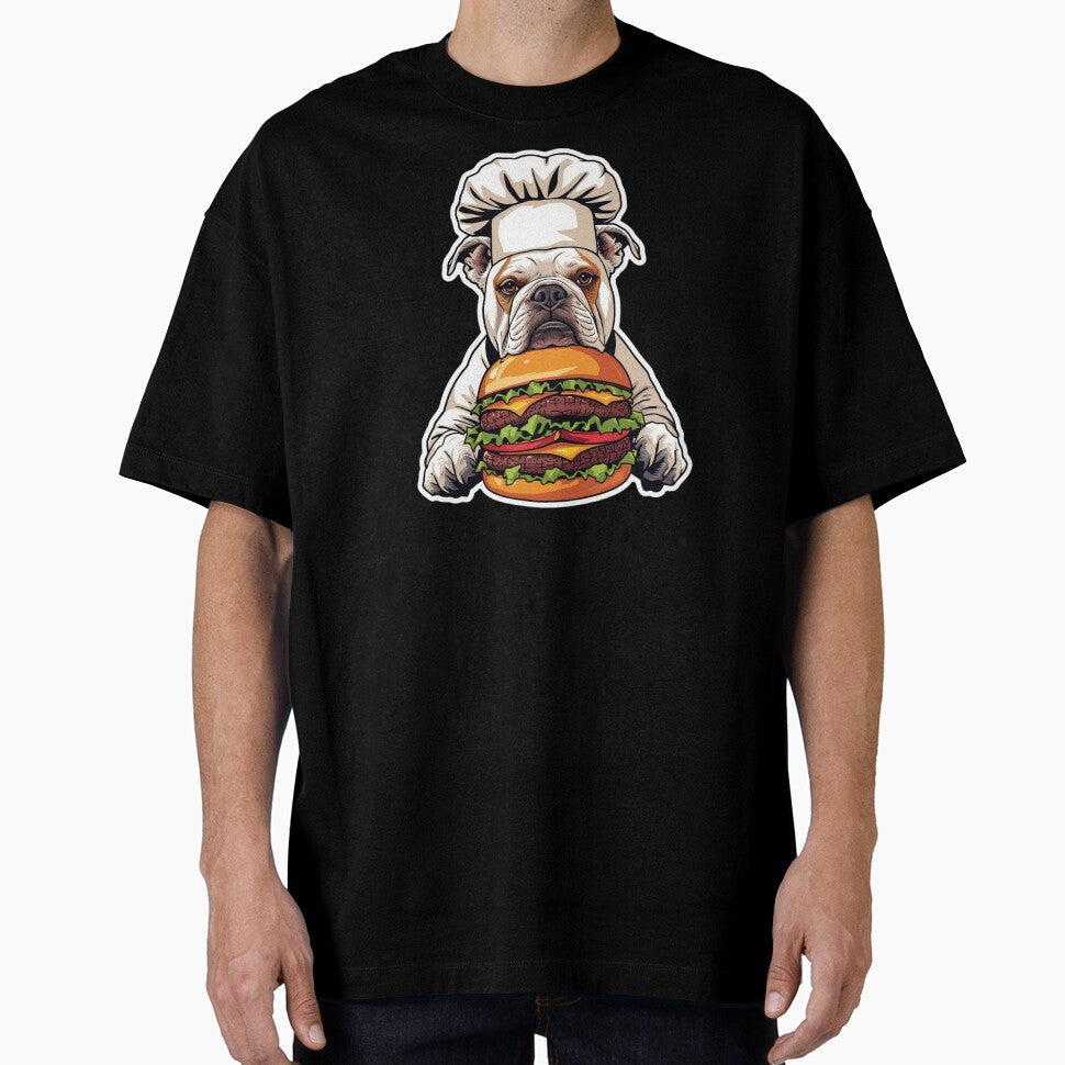 Grumpy Bulldog Chef Burger Funny Food Art Print by Sky-bully Unisex , , , Long Sleeve Tee