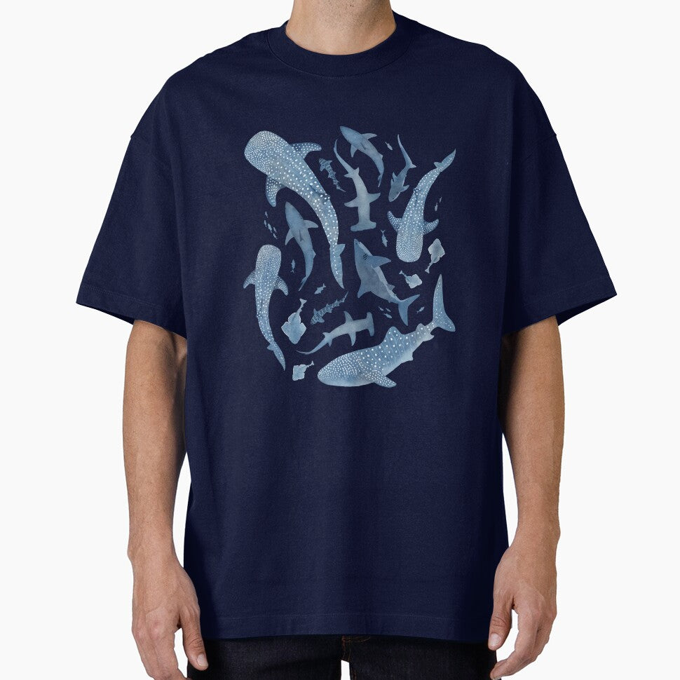 Monochrome blue watercolour shark ocean on black by adenaJ