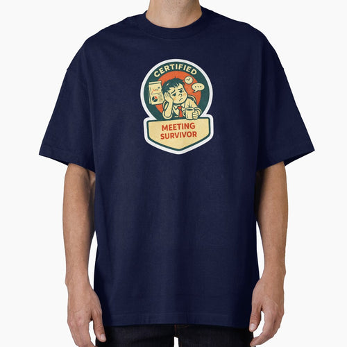 A retro-style “Certified Meeting Survivor” sticker featuring a tired office worker clutching a cup of coffee while enduring another endless meeting. by PIXEL POP DESIGNS - Beyond the Norm!