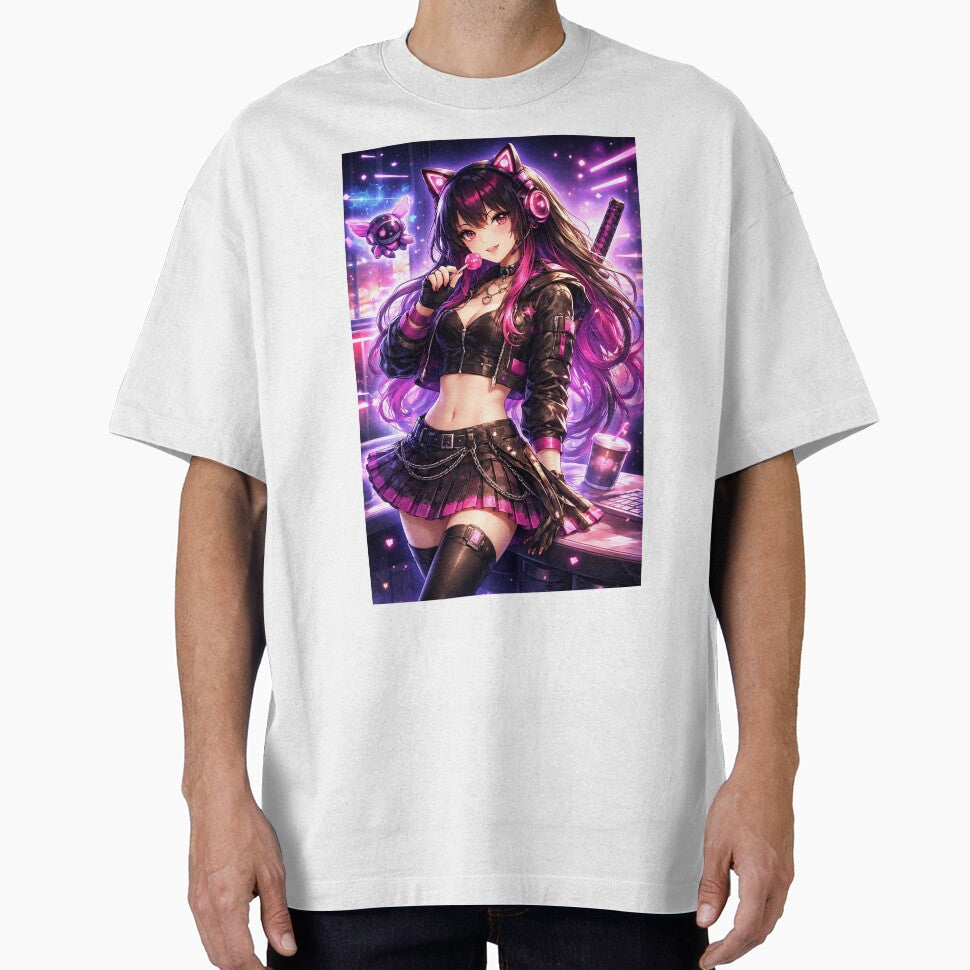 Neon Cyberpunk Catgirl Anime Girl Lollipop Aesthetic by AnimDream