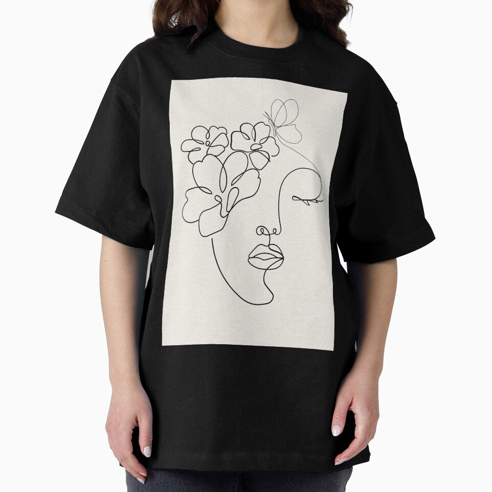 Minimalist Woman Face Line Art with Flowers - Abstract Floral Female Portrait by Mora  Lisa