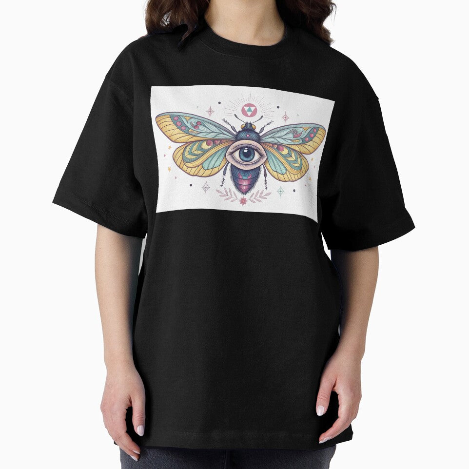 Eye with insect wings, surreal psychedelic chalk tattoo illustration by elkuni