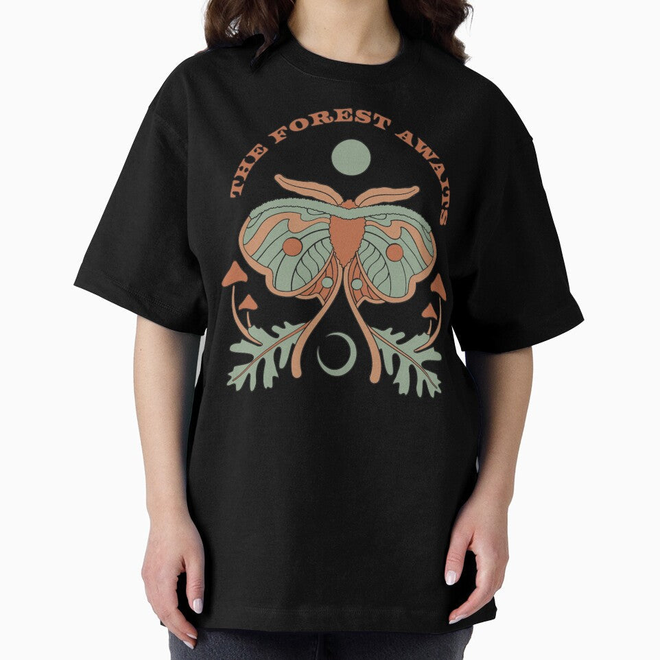 The Forest Awaits. Moth illustration with mushrooms, leaves and text by Blume-Corner Unisex , , , Long Sleeve Tee