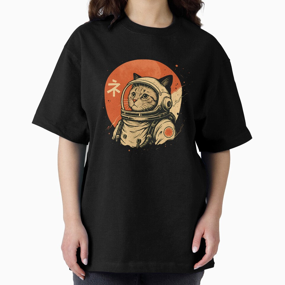 Japanese Minimalist 1950s Retro Space Cat Good Luck Kanji by cawtoon Unisex , , , Long Sleeve Tee