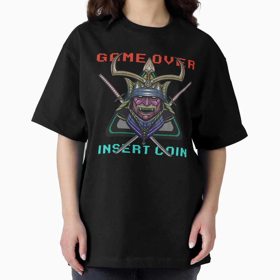 embroidery iron patch textured graphic artwork - game over insert coin (arcade cyberpunk samurai) by hayrpictures
