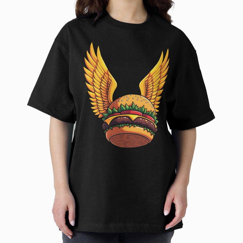 Flying Burger with Golden Wings: Magical Comic-Style Art by WAUZ Unisex , , , Long Sleeve Tee