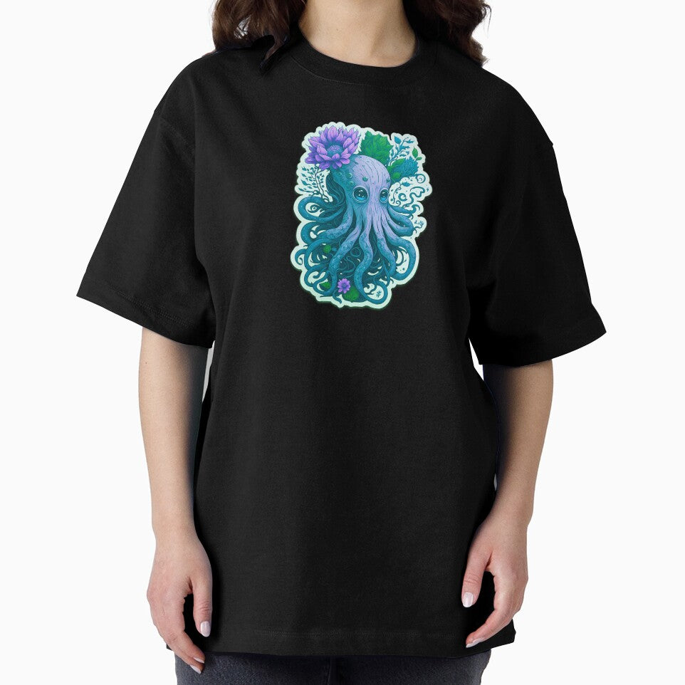 Magical Illustration Cute Light Blue Octopus Vibrant Colorful Psychedelic Pastel Flowers Sad Eyes by SassyArtistry