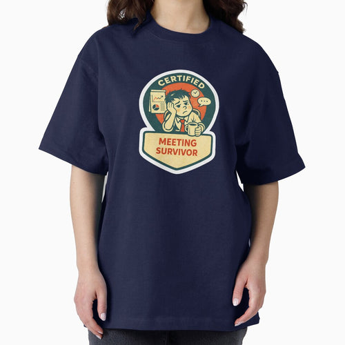 A retro-style “Certified Meeting Survivor” sticker featuring a tired office worker clutching a cup of coffee while enduring another endless meeting. by PIXEL POP DESIGNS - Beyond the Norm!