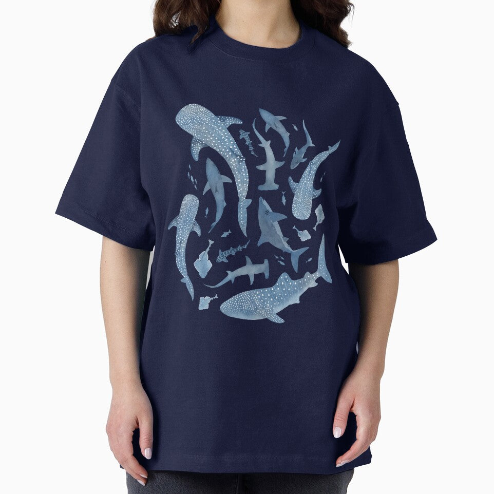 Monochrome blue watercolour shark ocean on black by adenaJ