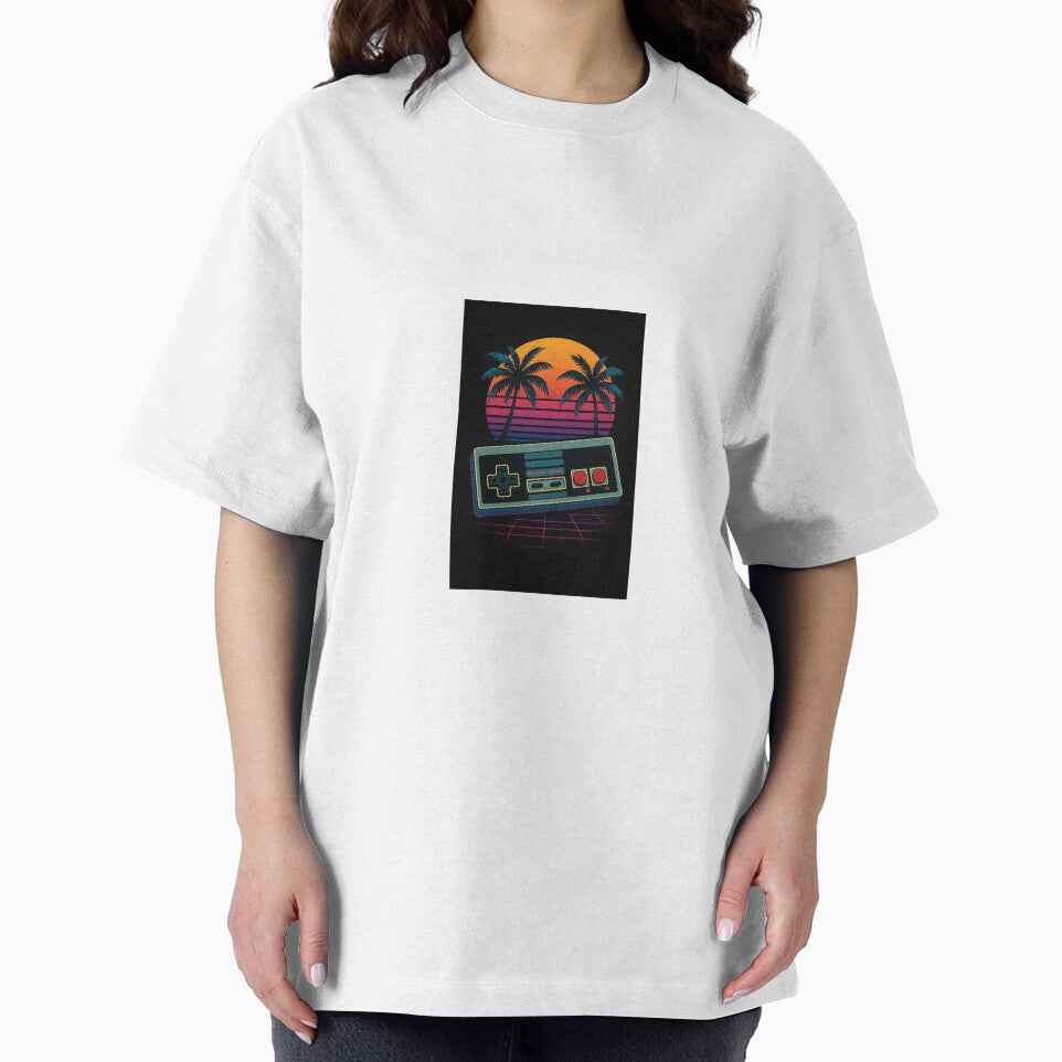 “retro gaming controller with 80s sunset background, neon colors, palm trees, vaporwave style, vintage design, distressed texture, t-shirt graphic, high resolution” by piyushpr7