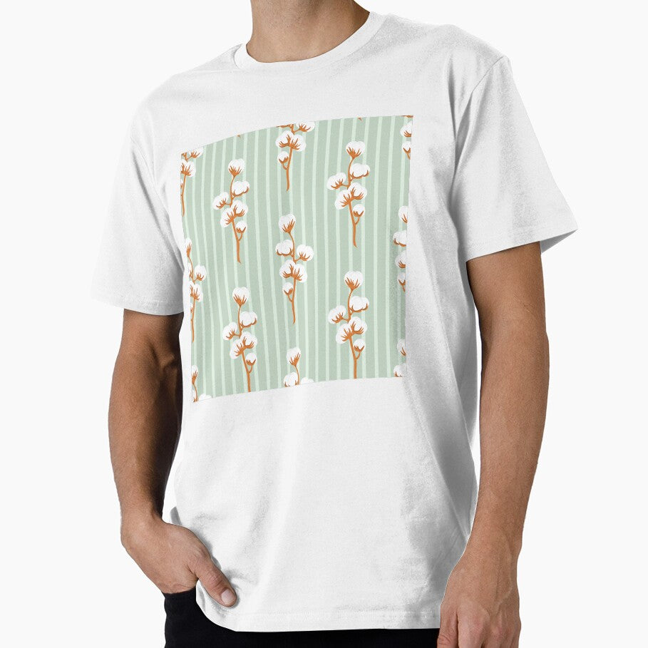 Hand drawn branch of cotton flower plant on striped green seamless pattern by Familyshmot Unisex , , , Long Sleeve Tee