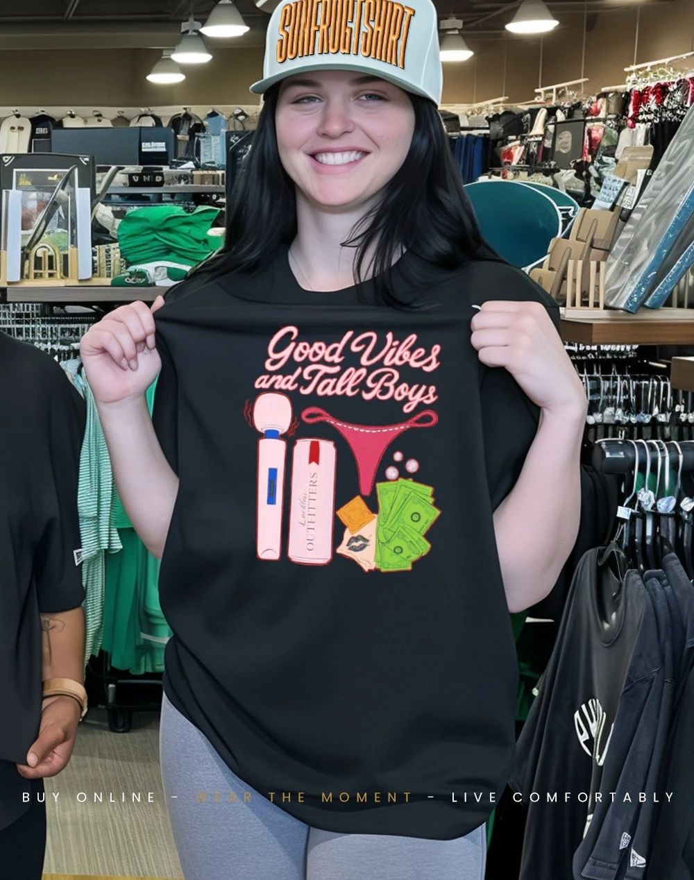 Good vibes and tall boys wand massager g-string condom shirt