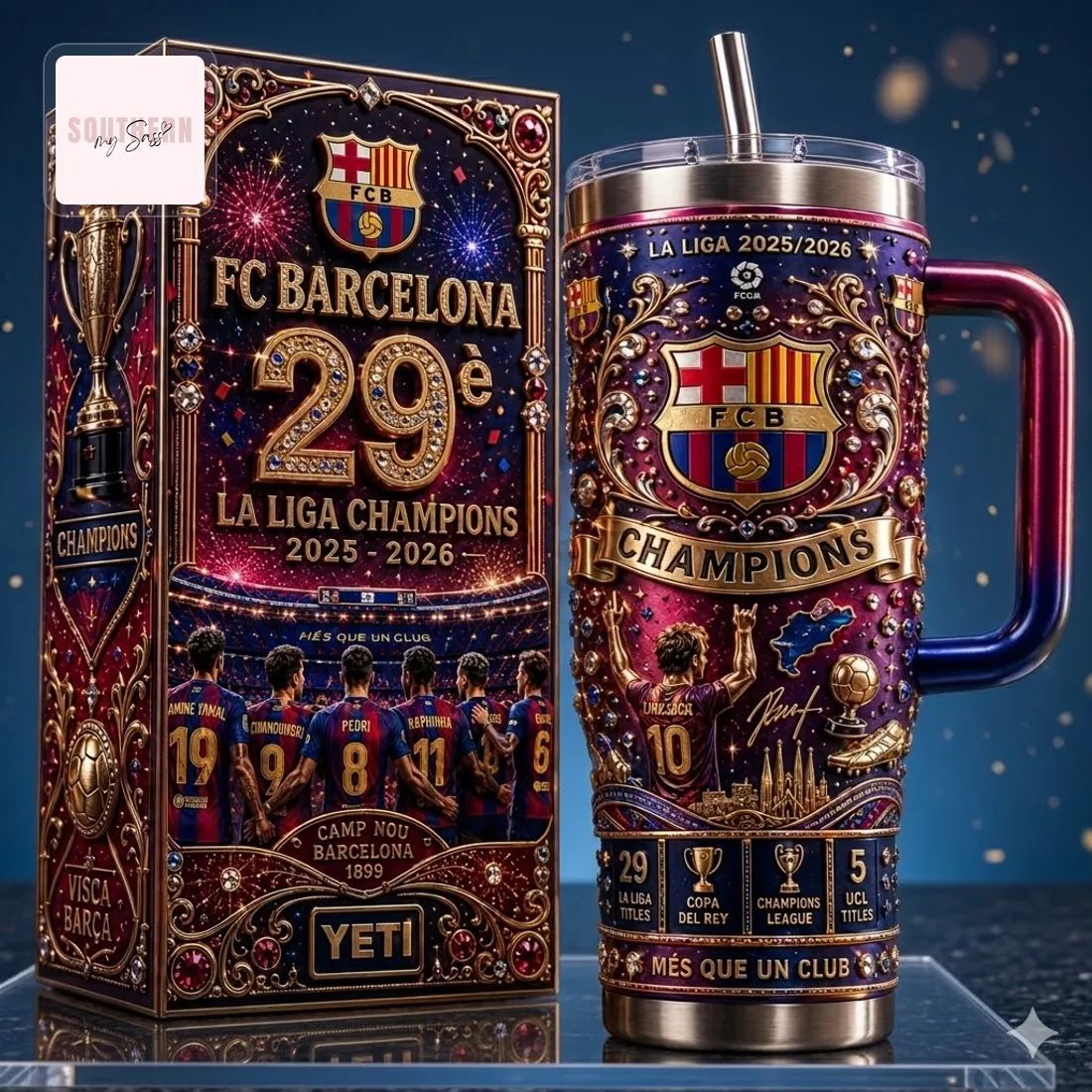 FC Barcelona 29th La Liga Champions 2025-2026 Premium 40oz Insulated Tumbler with Handle