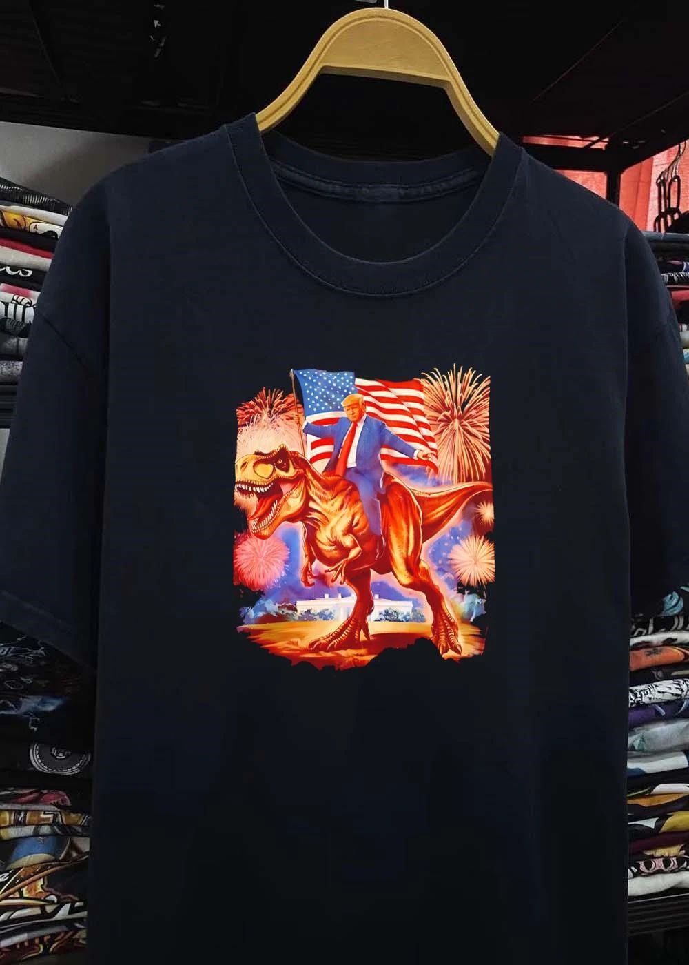 Donald Trump Riding a T-Rex American Flag Fireworks White House shirt