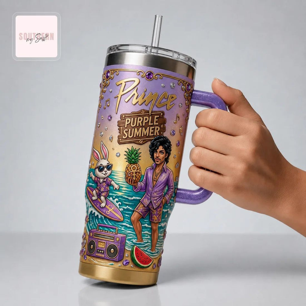 Prince Purple Summer Beach Scene Insulated Handled Tumbler