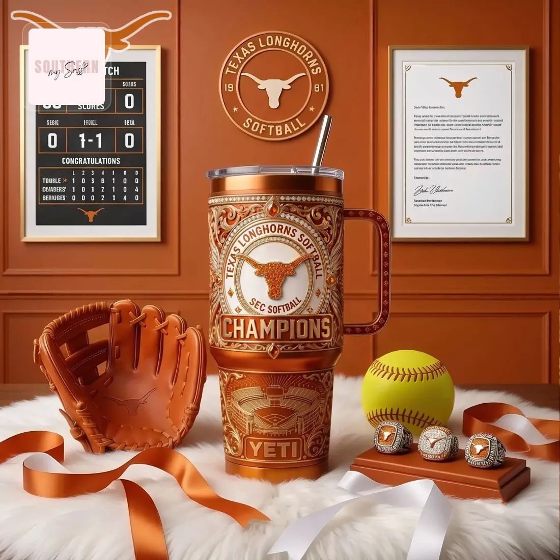Texas Longhorns Softball SEC Champions Luxury Engraved Handled Tumbler