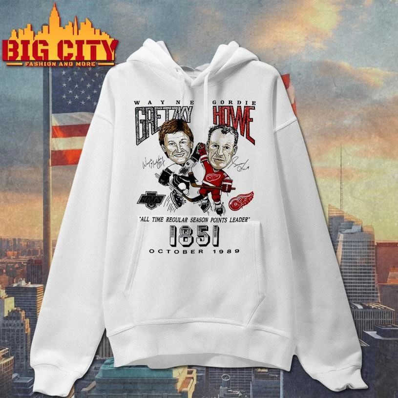Wayne Gretzky vs Gordie Howe hockey all time regular season points leader 1851 caricature signature shirt
