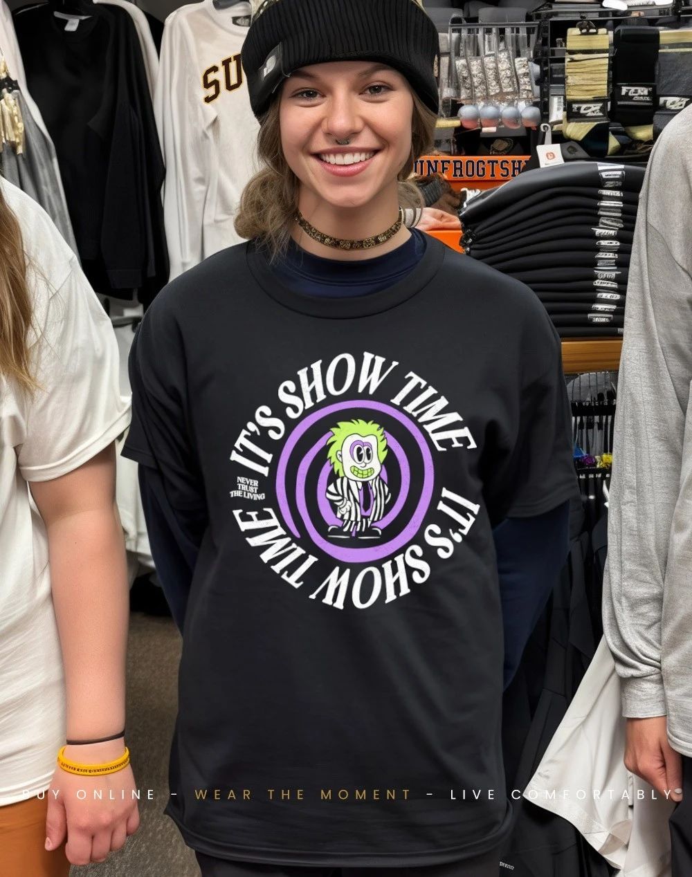 Beetlejuice it’s showtime never trust the living shirt