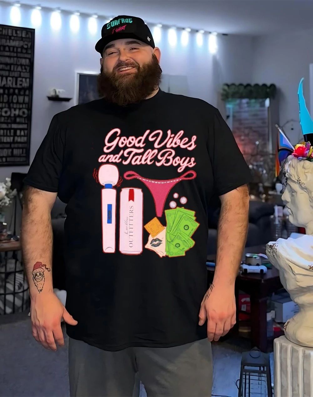 Good vibes and tall boys wand massager g-string condom shirt
