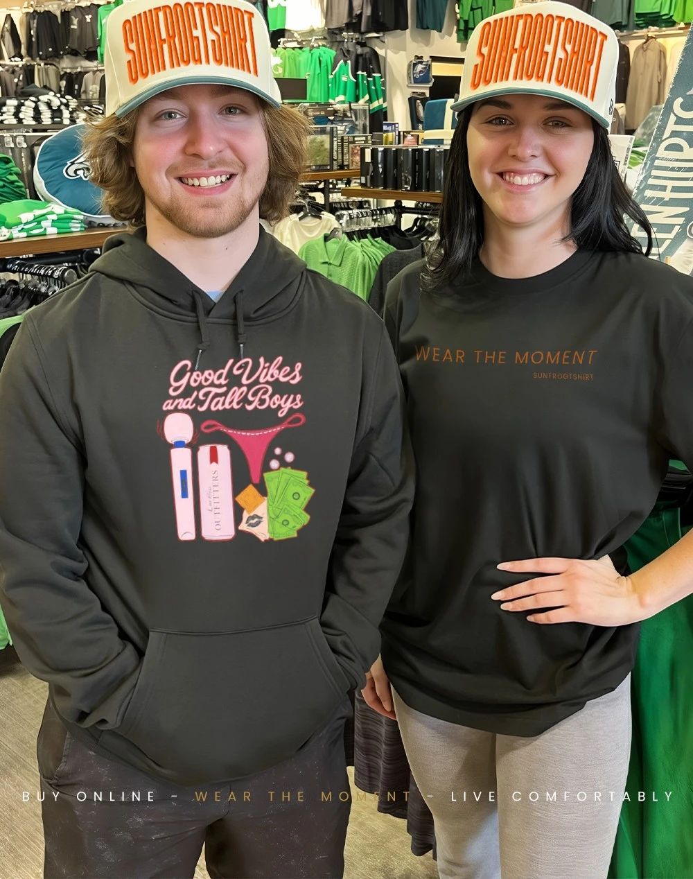 Good vibes and tall boys wand massager g-string condom shirt