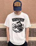 Probably thinking about steam trains shirt