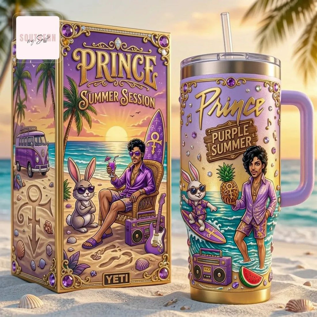Prince Purple Summer Beach Scene Insulated Handled Tumbler