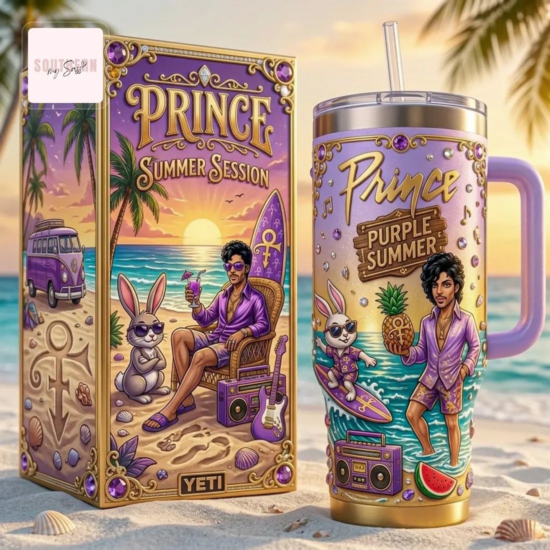 Prince Purple Summer Beach Scene Insulated Handled Tumbler