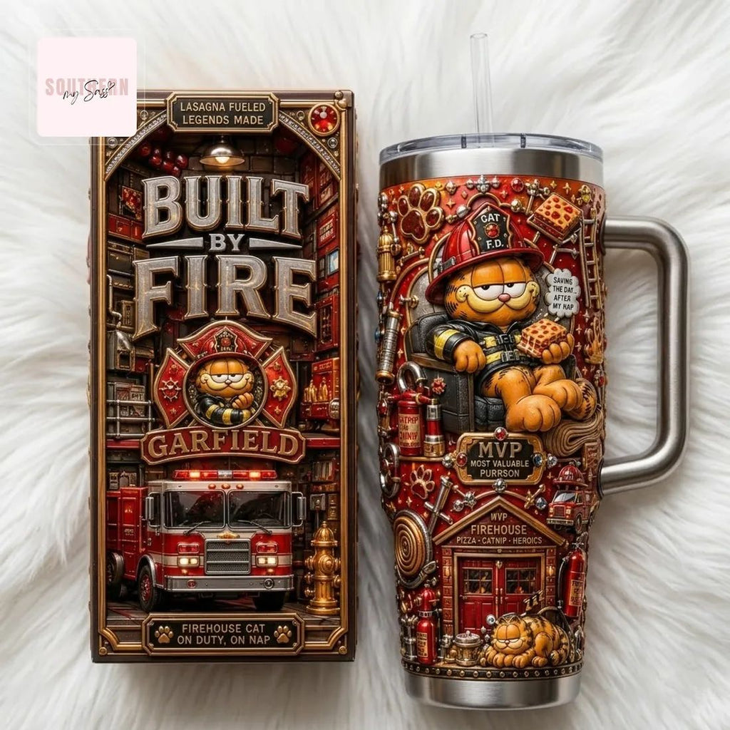 Garfield Firefighter Lasagna Fueled Premium 40oz Tumbler With Handle
