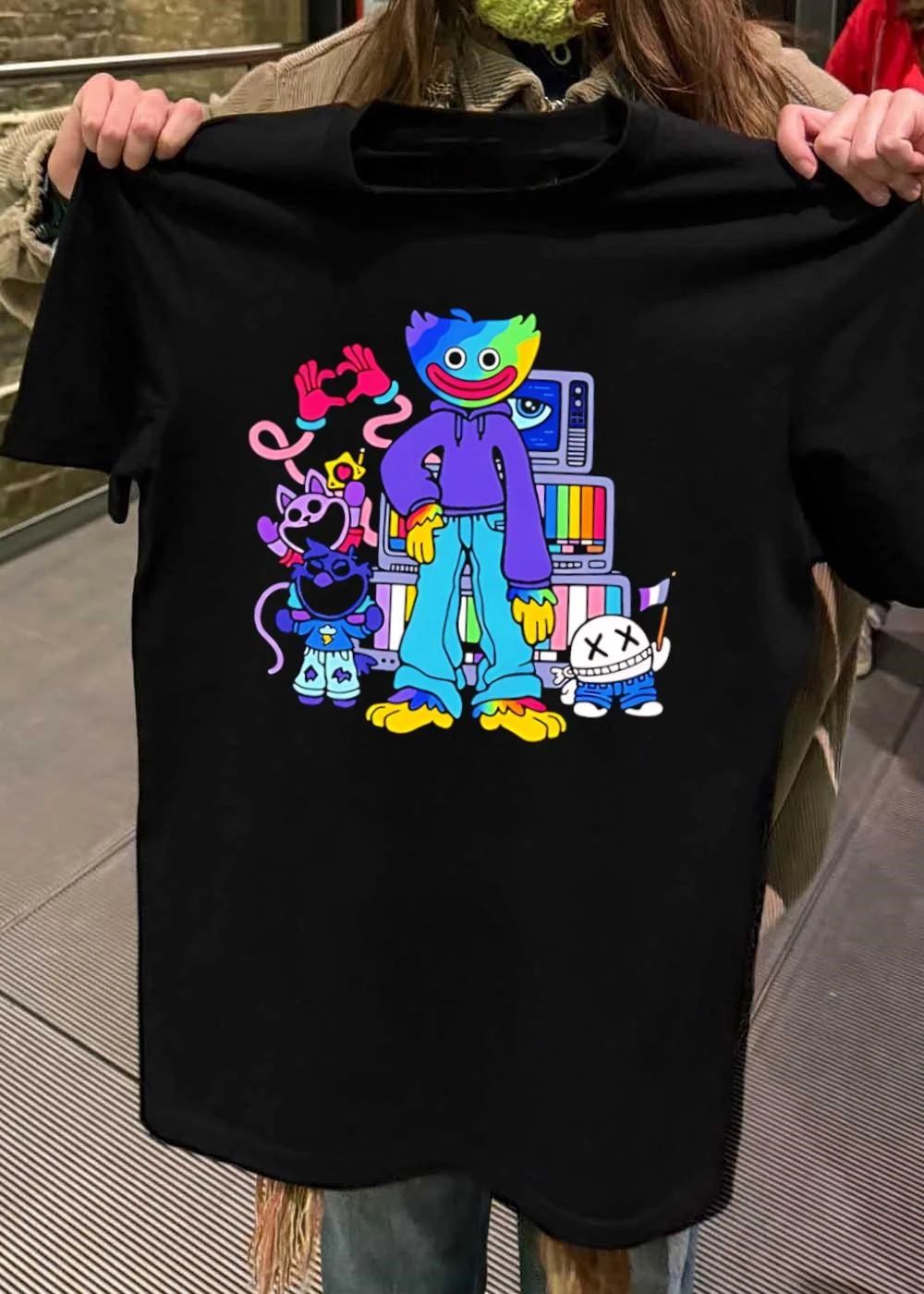 Rainbow Huggy Wuggy TV Stack and Catnap Aesthetic Pride Flag T-Shirt