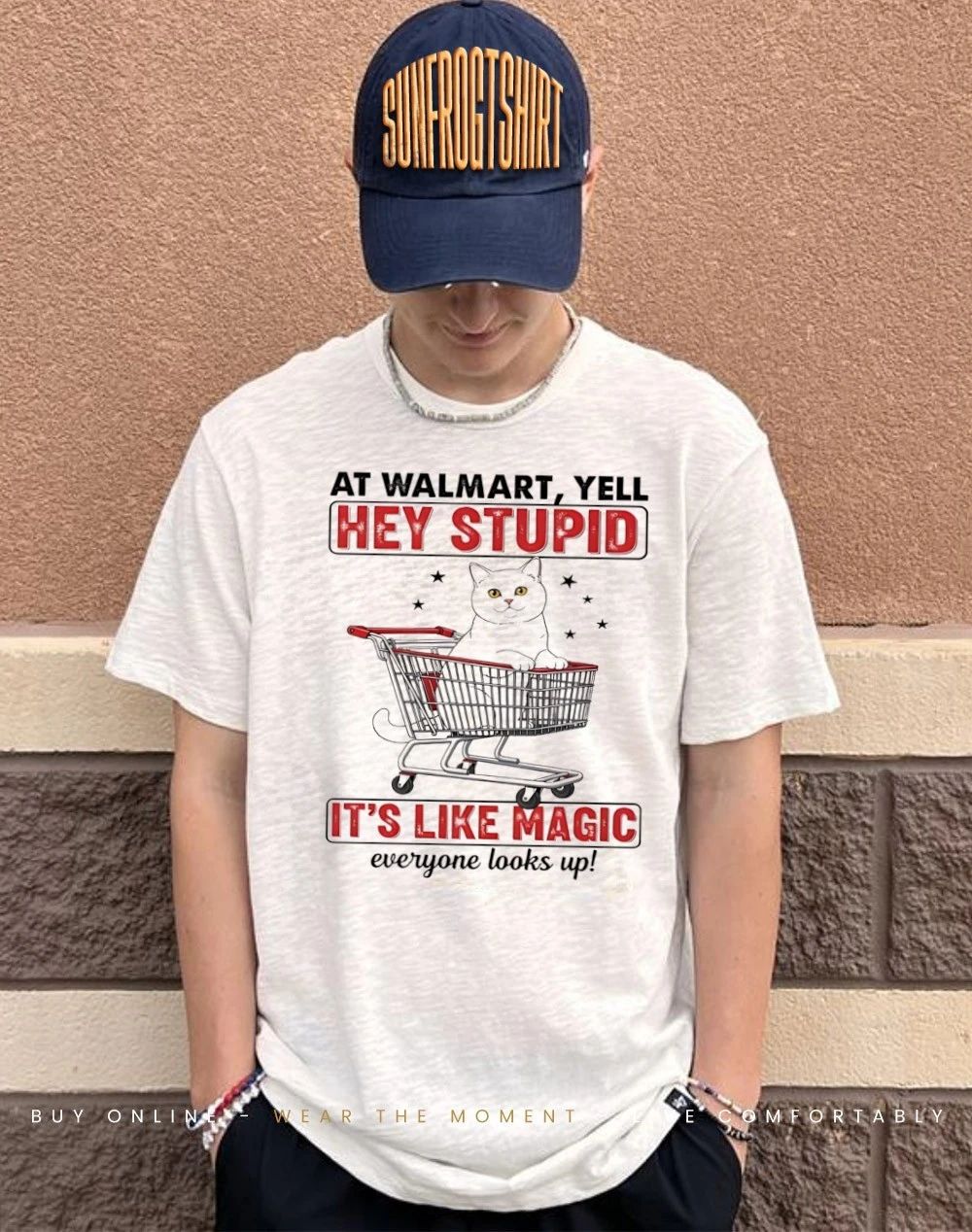 Cat at walmart yell hey stupid it’s like magic everyone looks up shirt