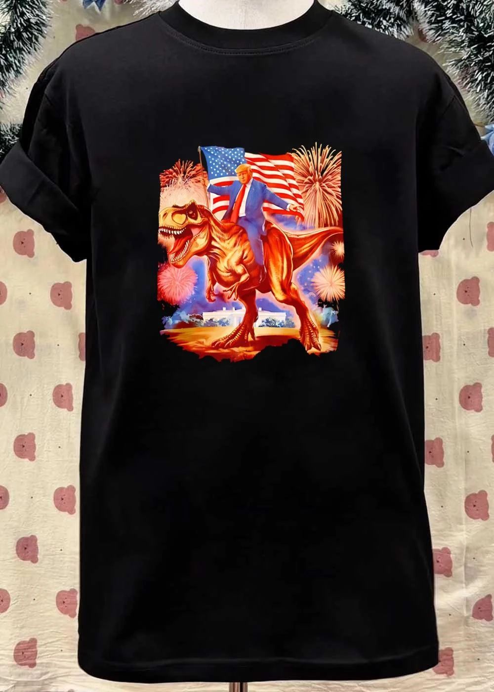 Donald Trump Riding a T-Rex American Flag Fireworks White House shirt