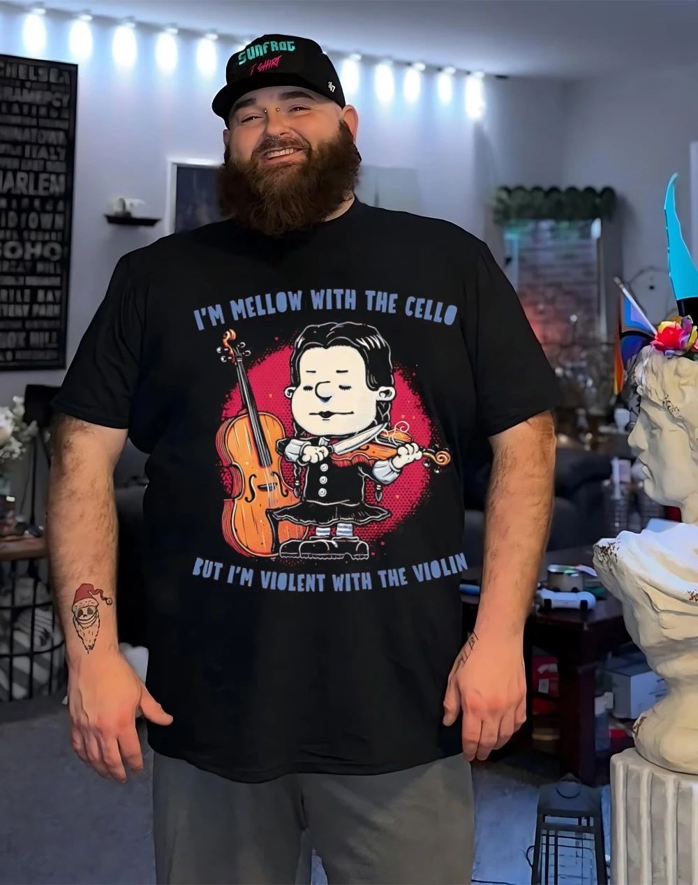 Wednesday I’m mellow with the cello but I’m violent with the violin shirt