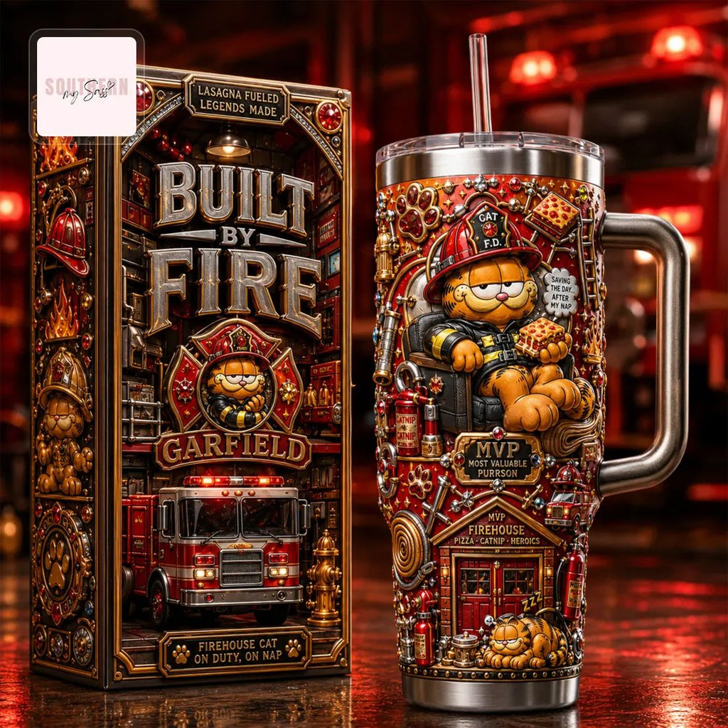 Garfield Firefighter Lasagna Fueled Premium 40oz Tumbler With Handle