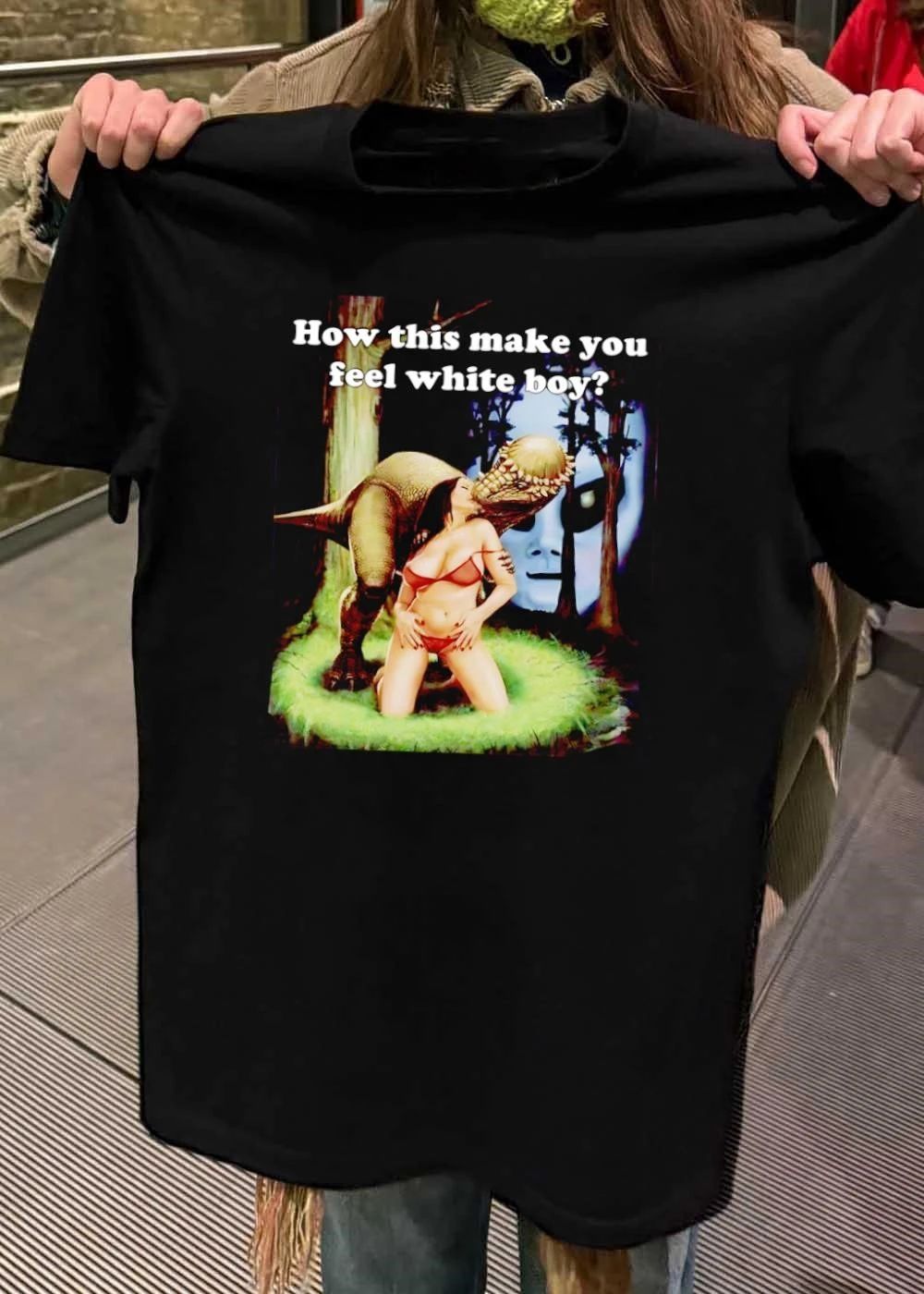 Alien and Dinosaur Interacting with Woman How This Make You Feel White Boy Shirt