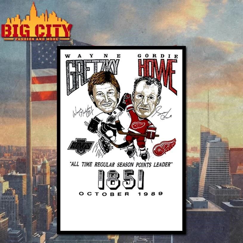 Wayne Gretzky vs Gordie Howe hockey all time regular season points leader 1851 caricature signature shirt
