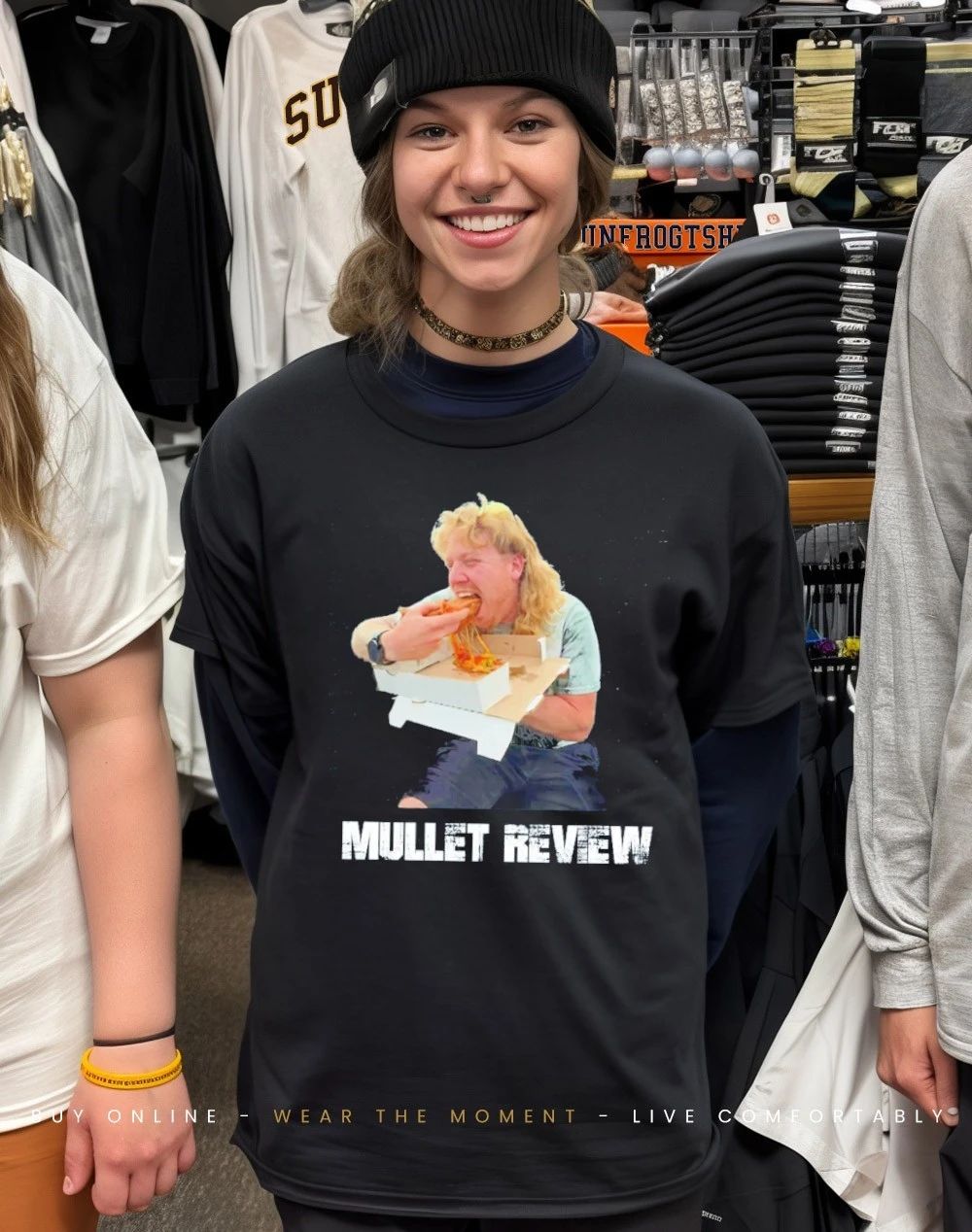 Mullet Review eating pizza shirt