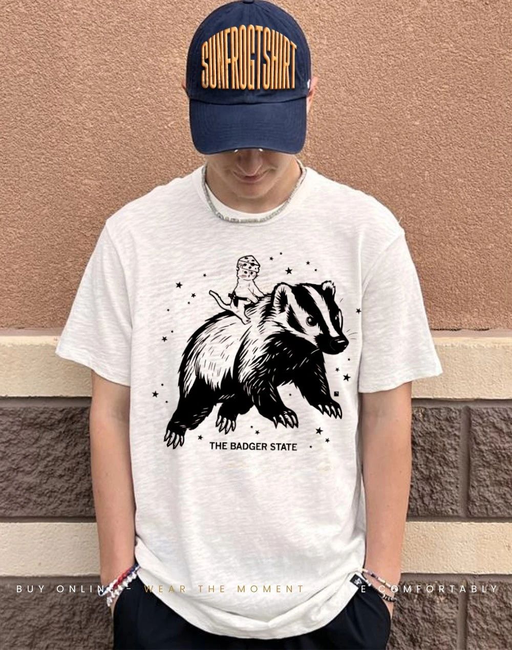 Cat cheesehead riding the badger state shirt