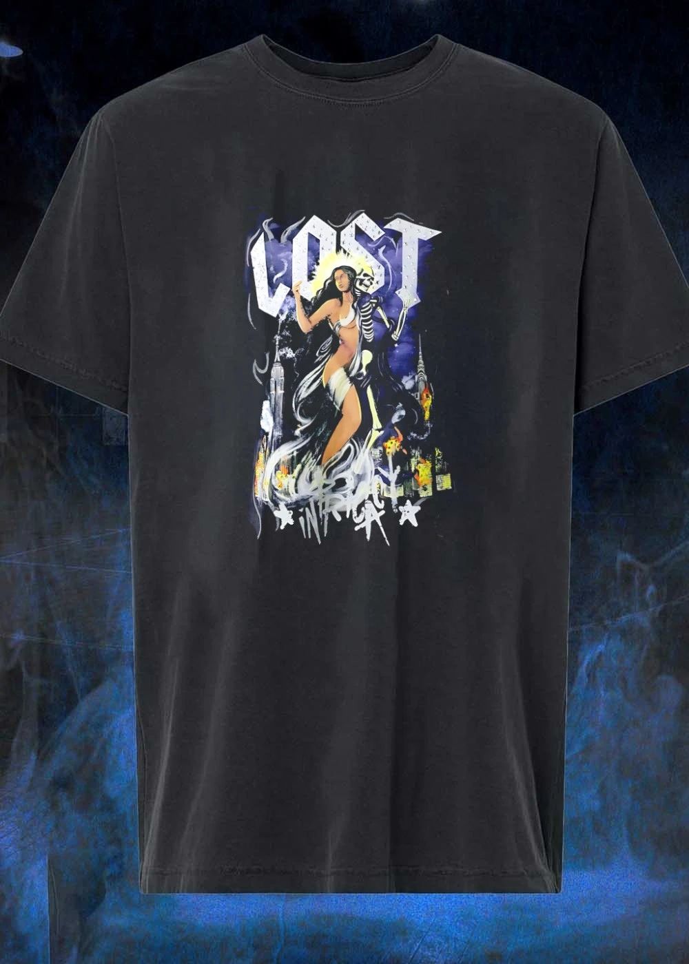 Lost goddess skeleton and city skyline shirt