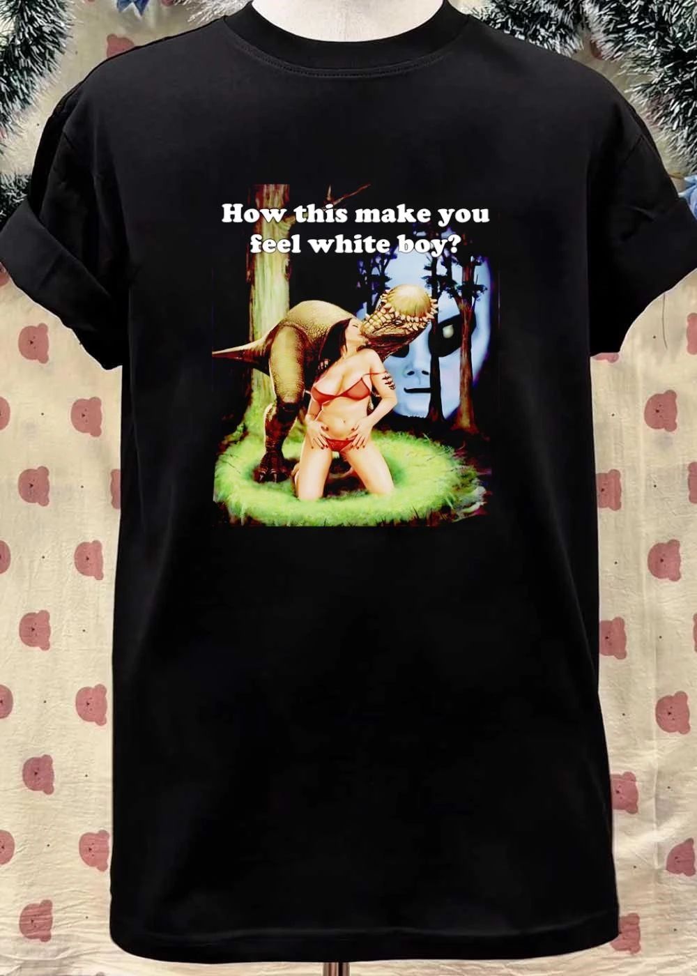 Alien and Dinosaur Interacting with Woman How This Make You Feel White Boy Shirt