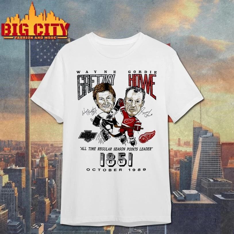Wayne Gretzky vs Gordie Howe hockey all time regular season points leader 1851 caricature signature shirt