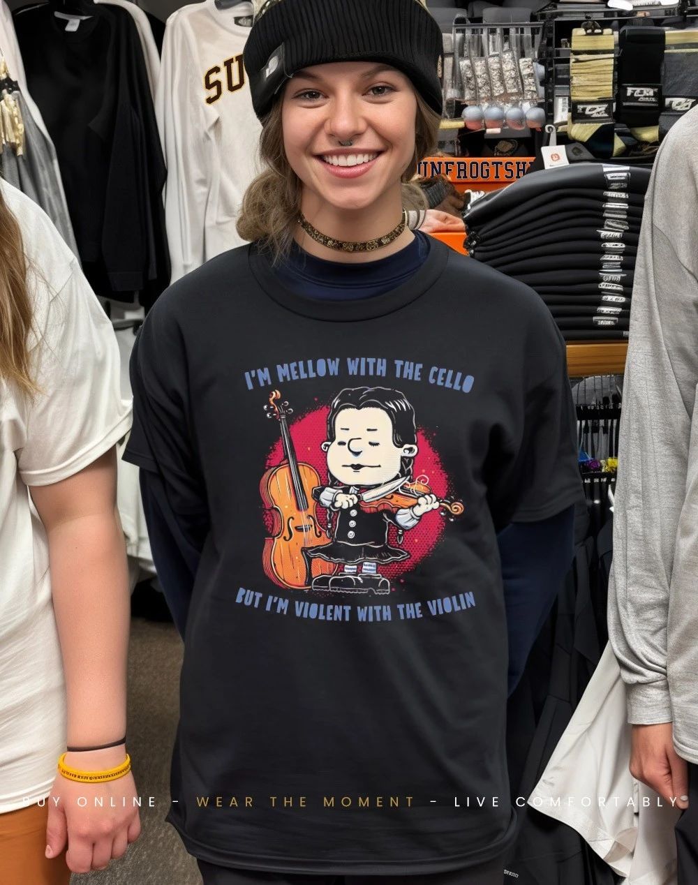 Wednesday I’m mellow with the cello but I’m violent with the violin shirt