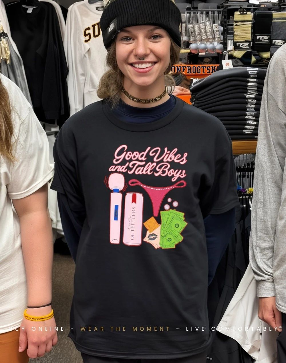 Good vibes and tall boys wand massager g-string condom shirt