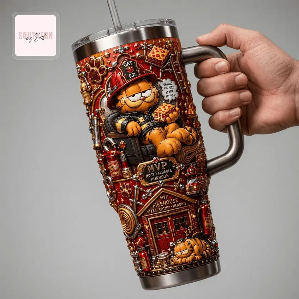 Garfield Firefighter Lasagna Fueled Premium 40oz Tumbler With Handle